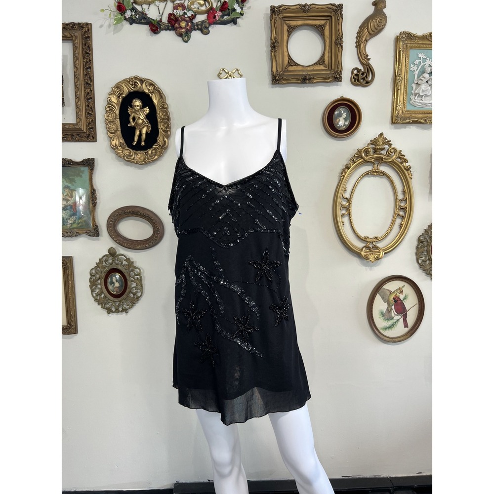 MKM Designs Black Sequin Beaded Floral Mesh Cami Slip Top